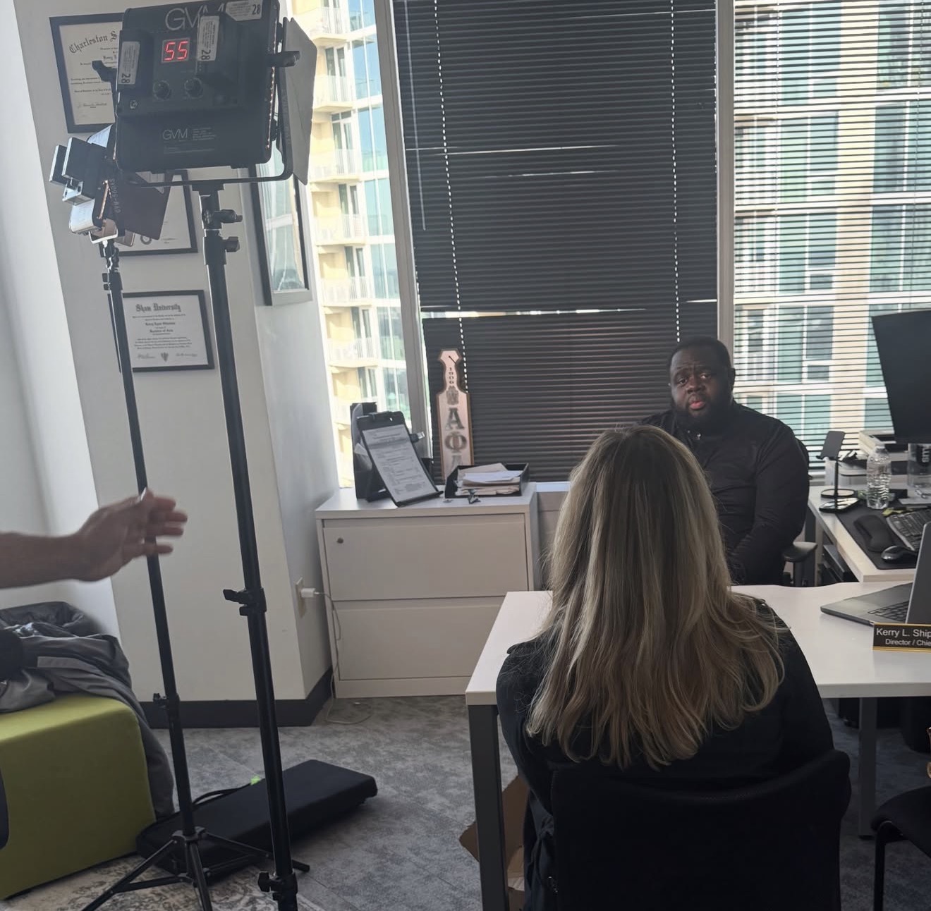 Dr. Kerry Shipman during a filmed media interview in his office
